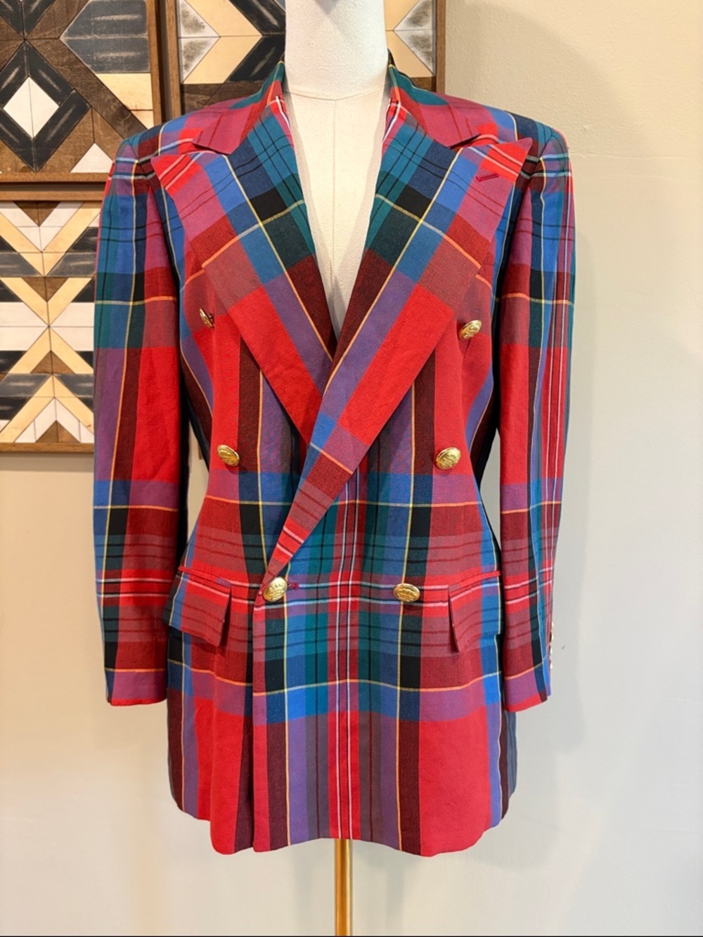 Vintage Ralph Lauren 80s Red Multi Plaid Double-Breasted Blazer Gold Buttons